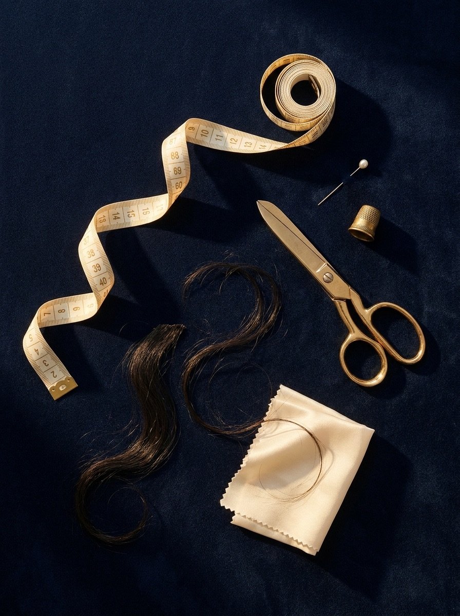 Atelier flat-lay: measuring tape, gold shears, hair strands and silk