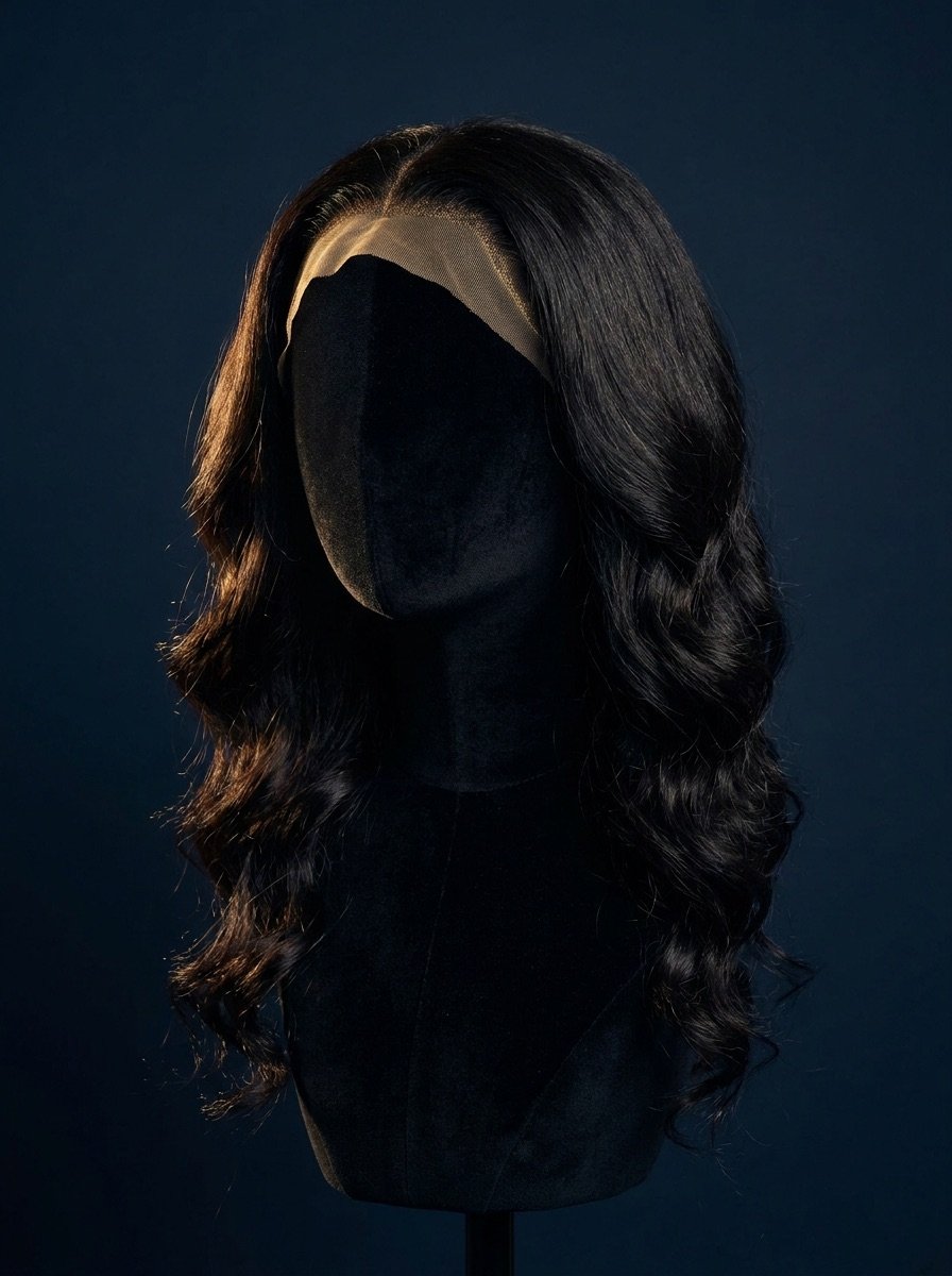 Luxurious custom lace-front wig on a velvet stand in dramatic golden light