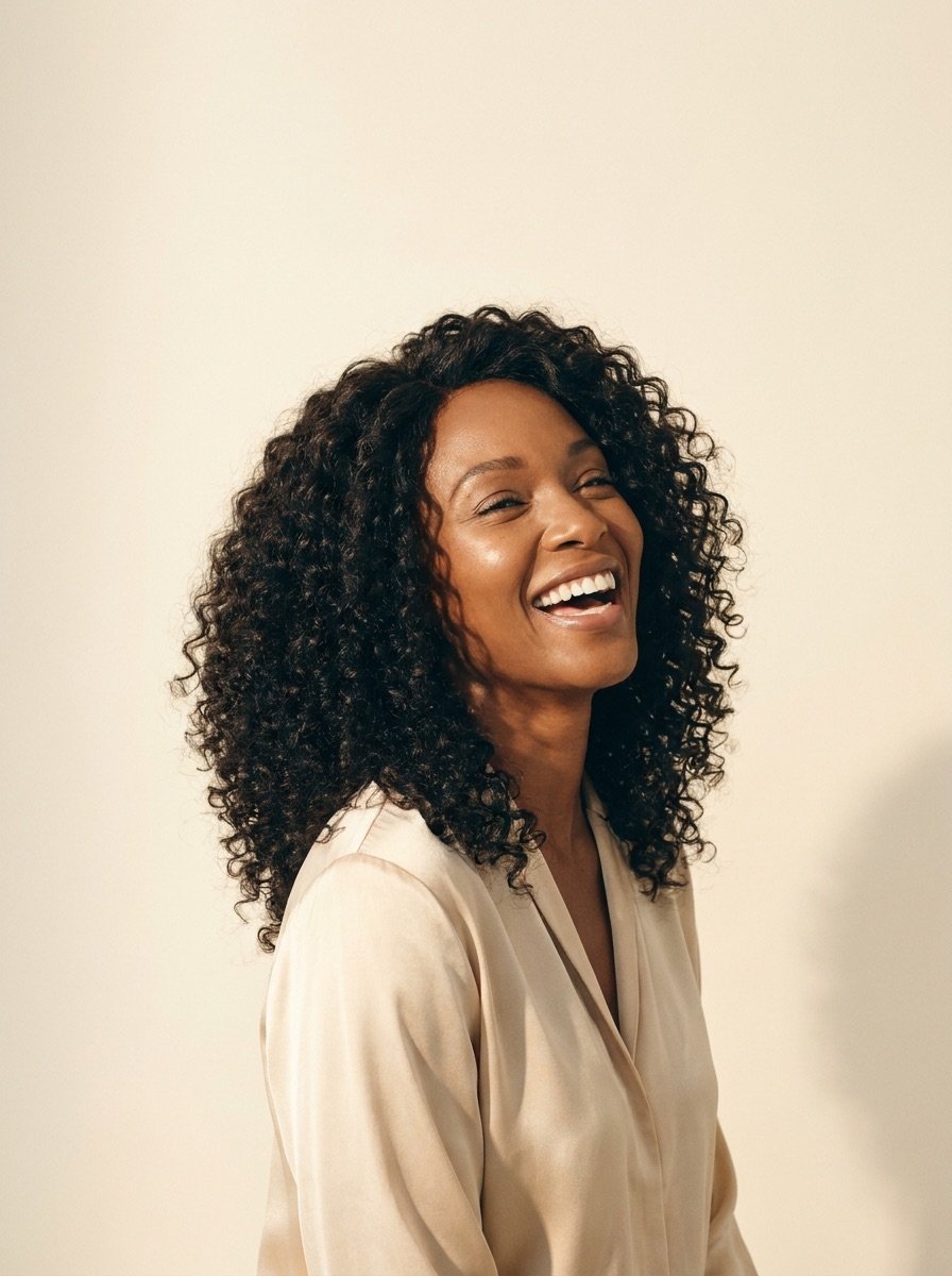 Joyful Black woman laughing, wearing a beautifully crafted custom medical wig with voluminous curls